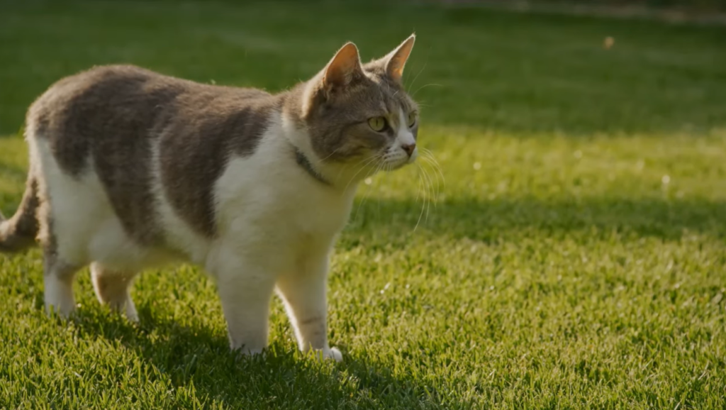 tabby cat standing on grass