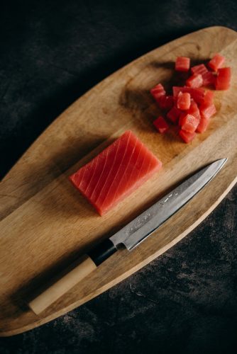 sliced tuna on a chopping board